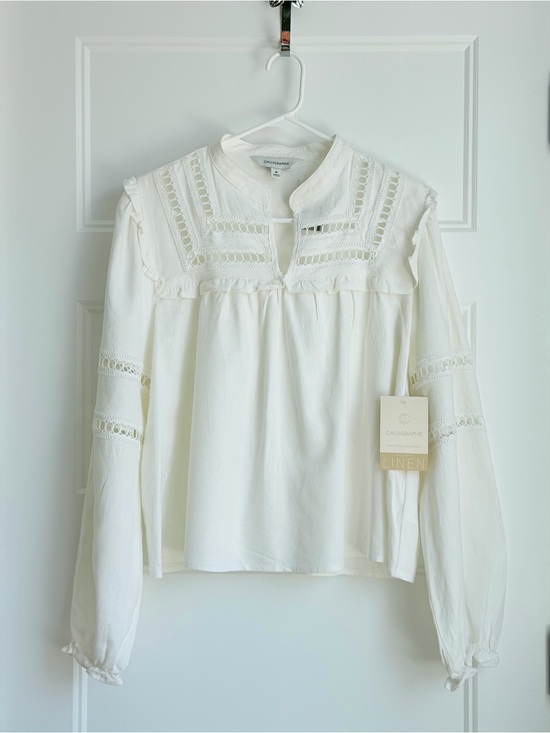 Calligraphie Tops - Calliope Linen White Eyelet-Trim Peasant Blouse